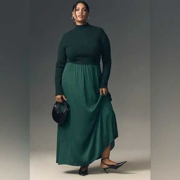 New Plus 1X By Anthropologie The Thea twofer sweater dress Deep Pine green